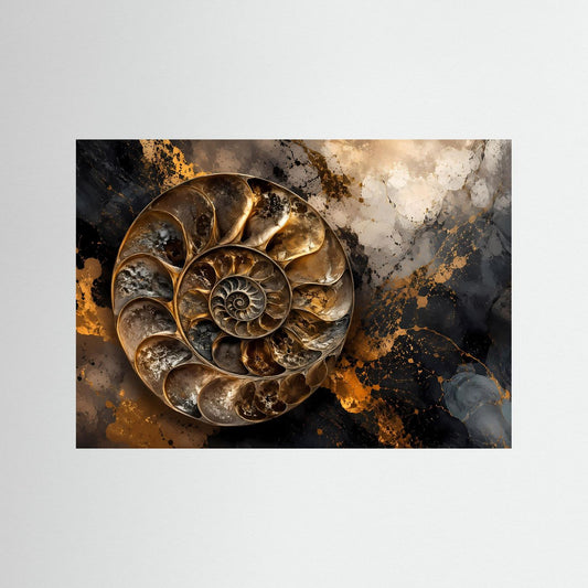 Abstraktes Ammonit-Spirale Poster in Gold und Schwarz, ohne Rahmen