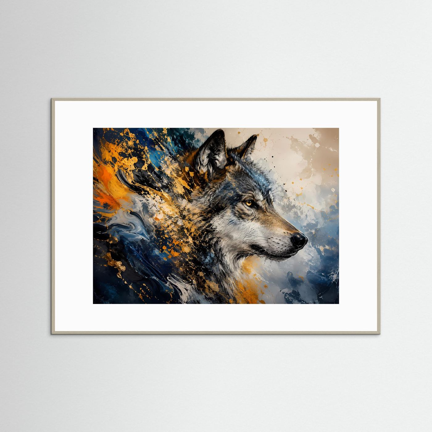 Majestätischer Wolf in Blau & Gold | Abstrakte Tierkunst & Natur Poster Querformat
