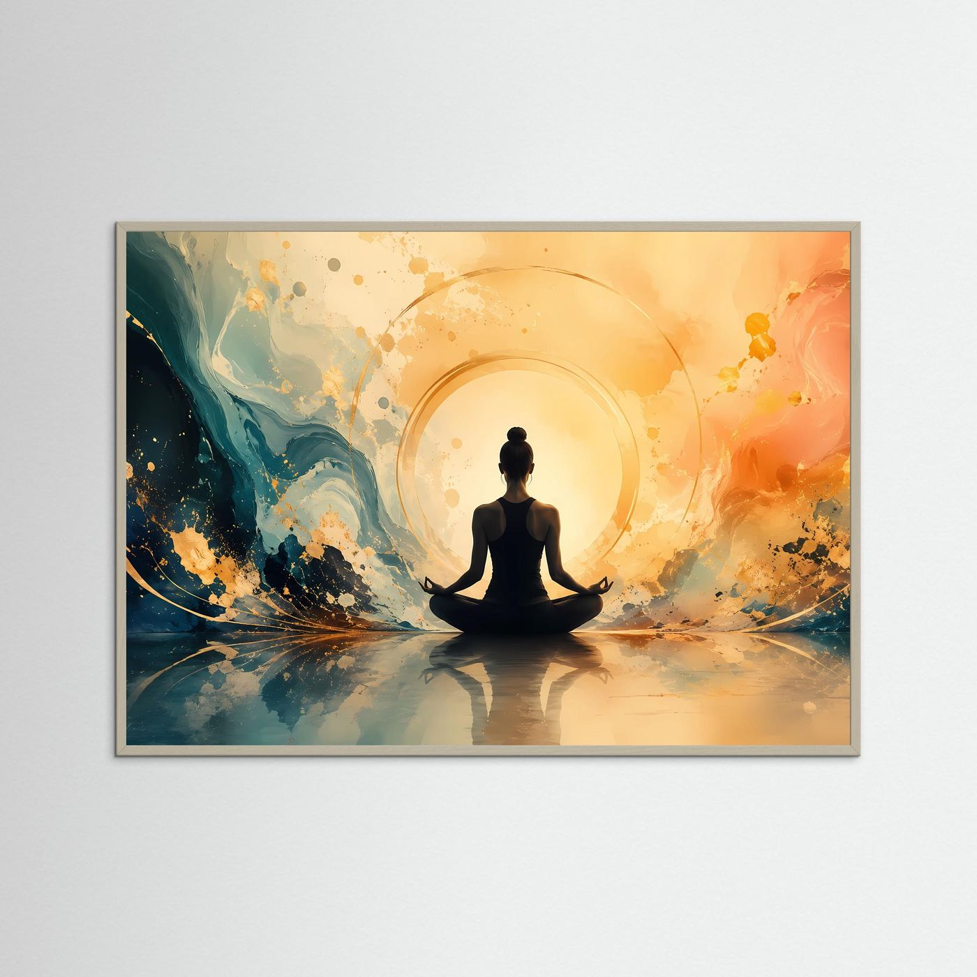 Innere Ruhe und Balance: Meditierende Figur im Lichtkreis | Modernes Yoga-Poster Querformat