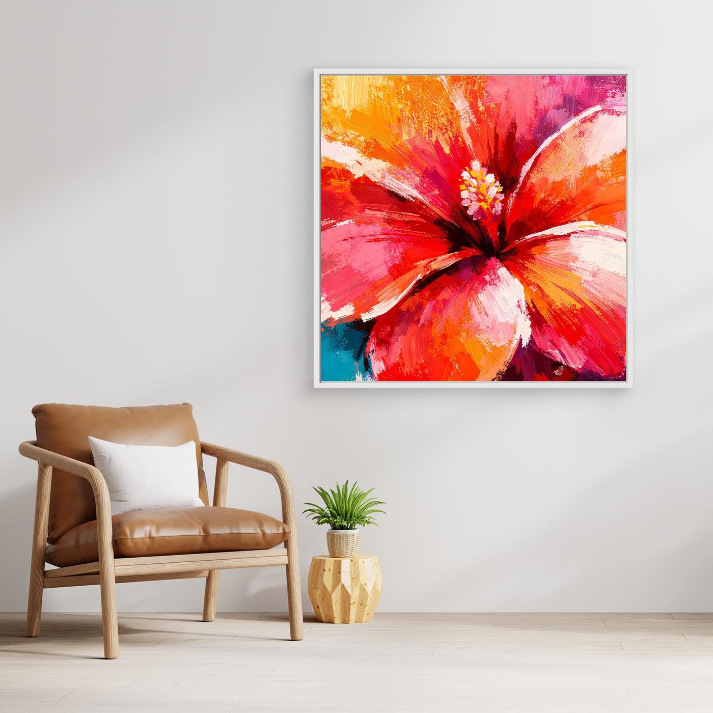 Leinwand Abstraktes Hibiskus Blütenbild | Modernes Tropen Wandbild Rot Pink