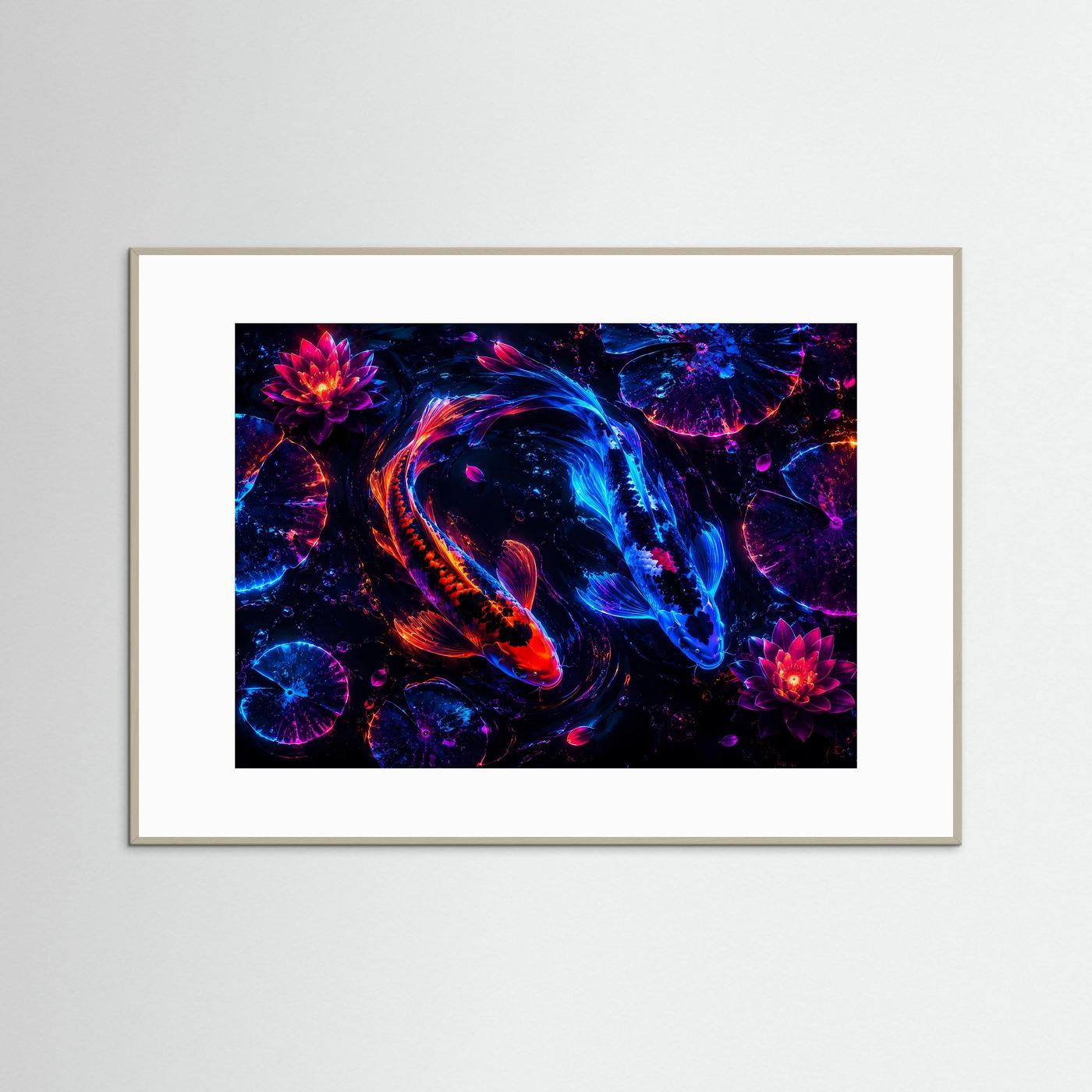 Neon Koi Yin Yang | Futuristisches Lotus-Wandbild in Blau, Pink & Orange