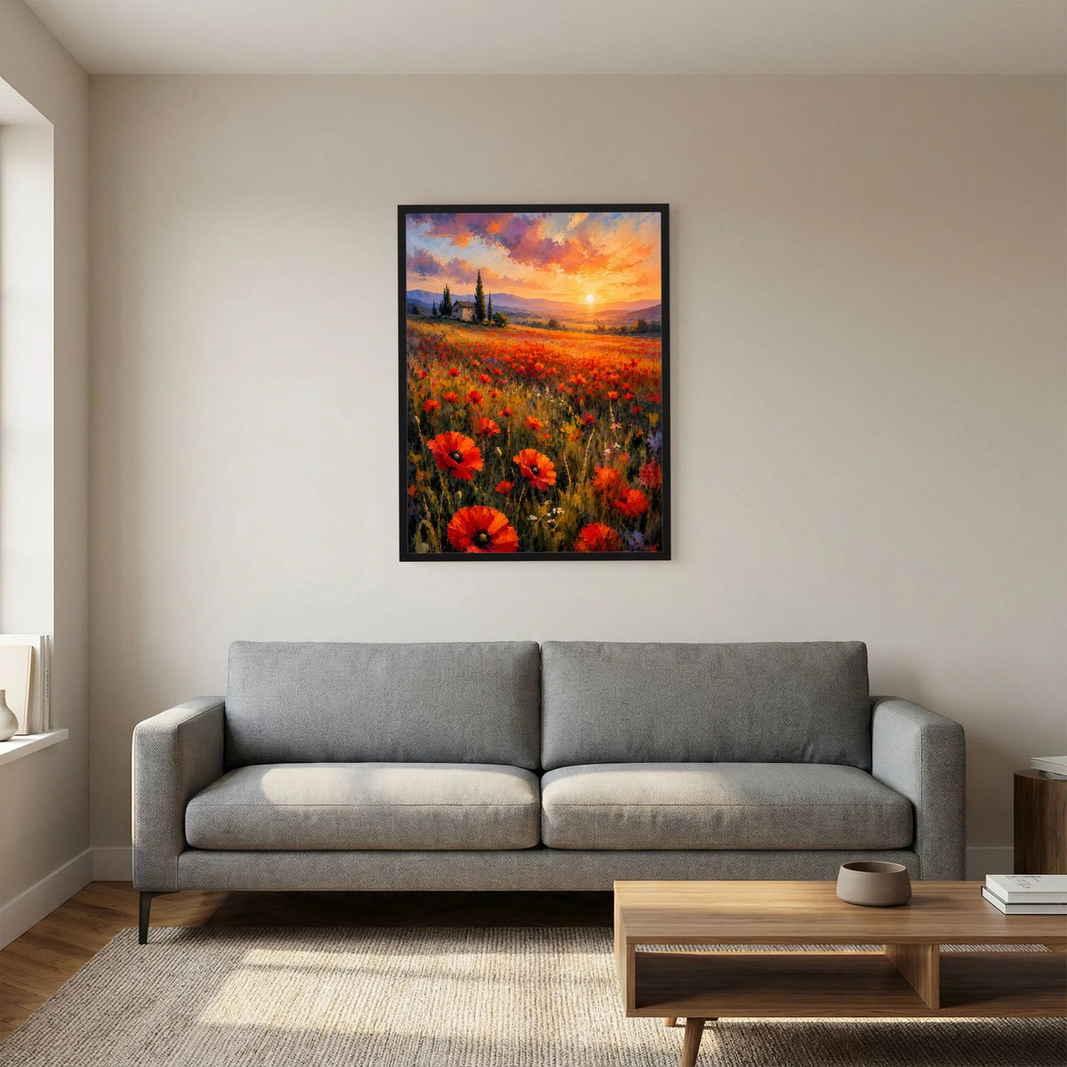 Hochformatiges Poster mit Mohnblumenfeld und Sonnenuntergang in Rot-Orange, schwarzer Rahmen