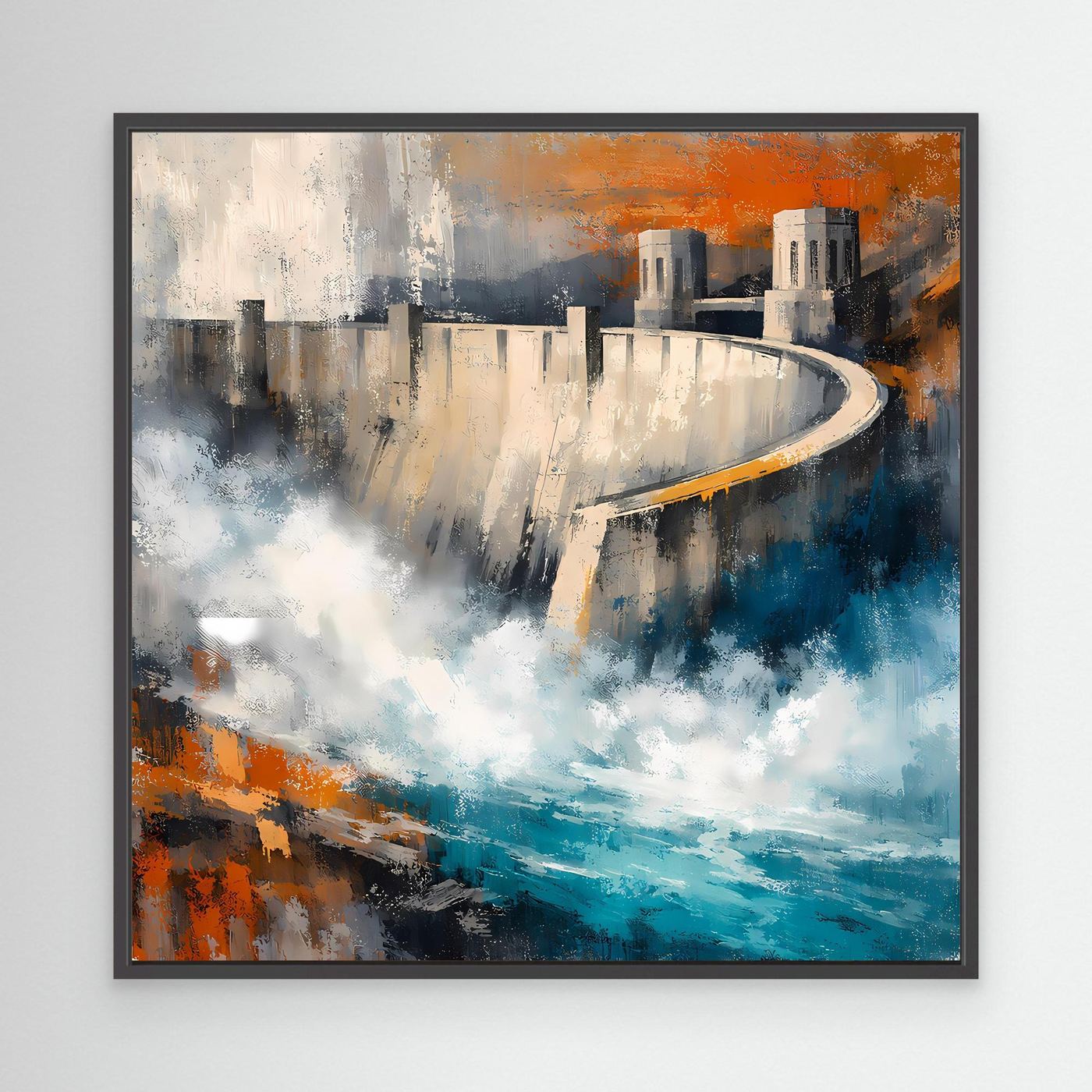 Abstraktes Leinwandbild Talsperre mit Damm, schwarzer Rahmen und Blau-Orange