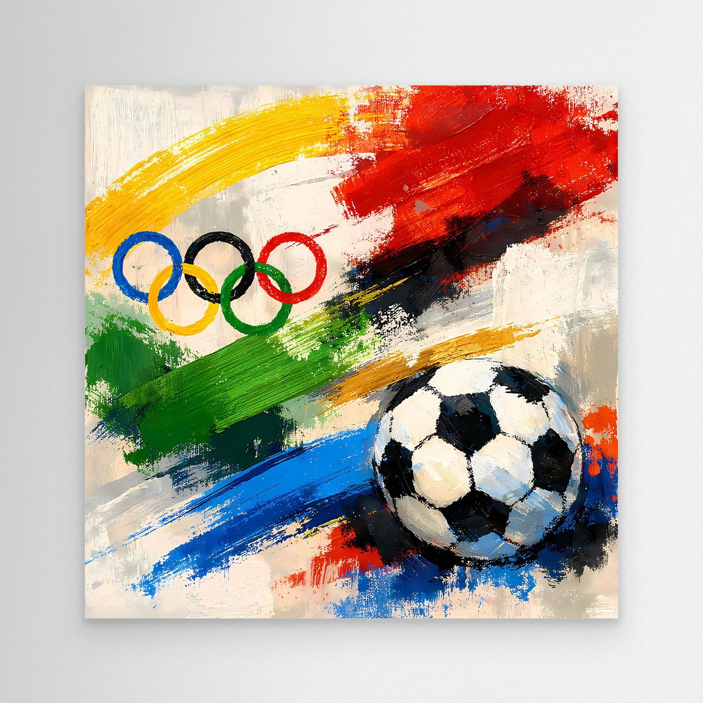 Leinwandbild mit abstraktem Fußball und olympischen Ringen, ohne Rahmen
