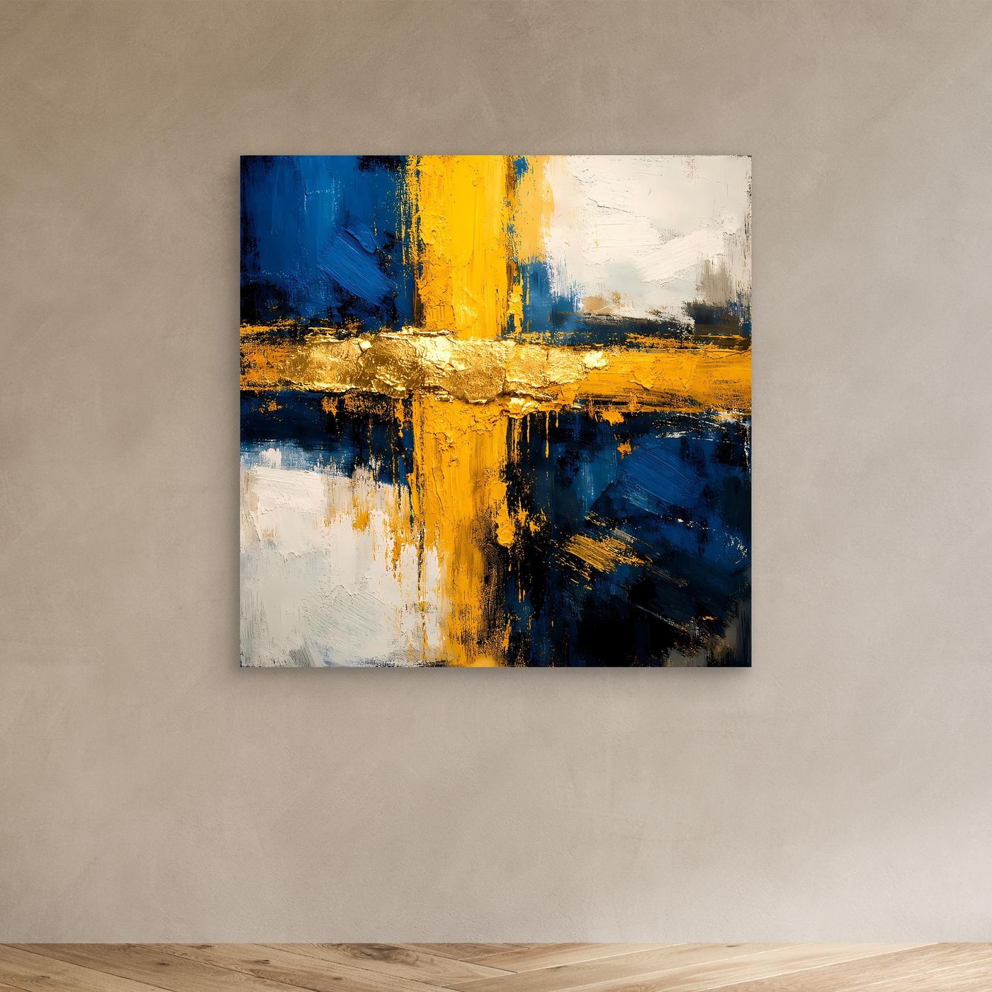 Abstraktes Leinwandbild mit blau-gelben Pinselstrichen und goldenen Akzenten