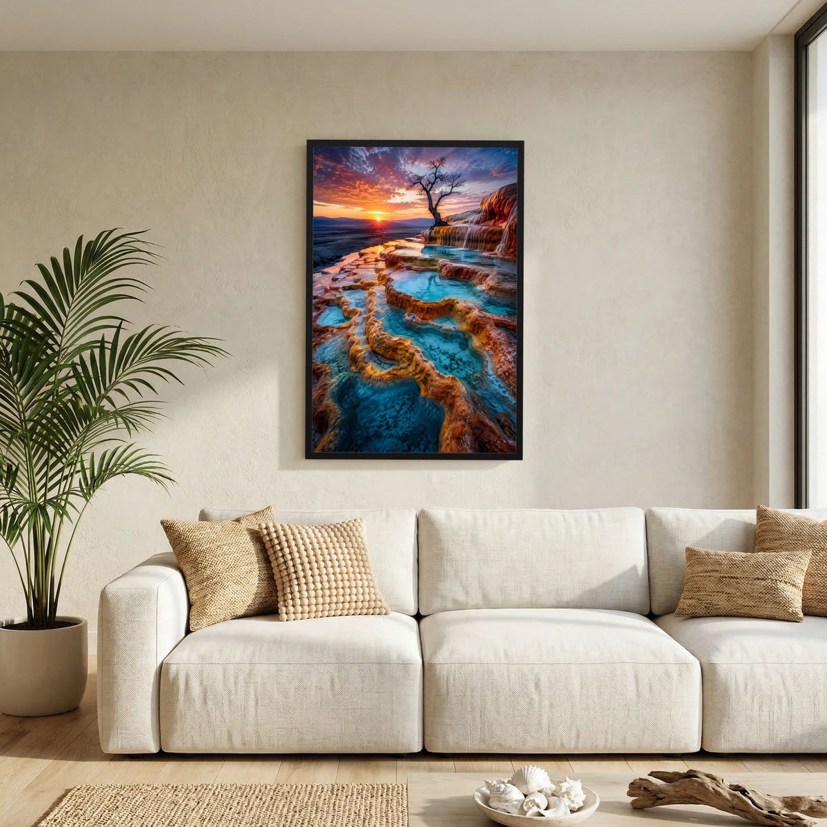 Poster mit türkisem Naturpool auf Felsenterrassen im Sonnenuntergang, im schwarzen Rahmen