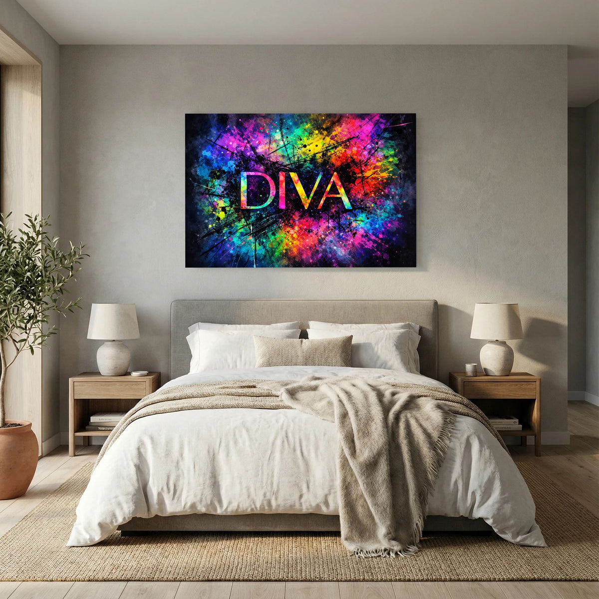 Abstraktes Wandbild mit schwarzem Rahmen und buntem DIVA-Schriftzug über Bett.