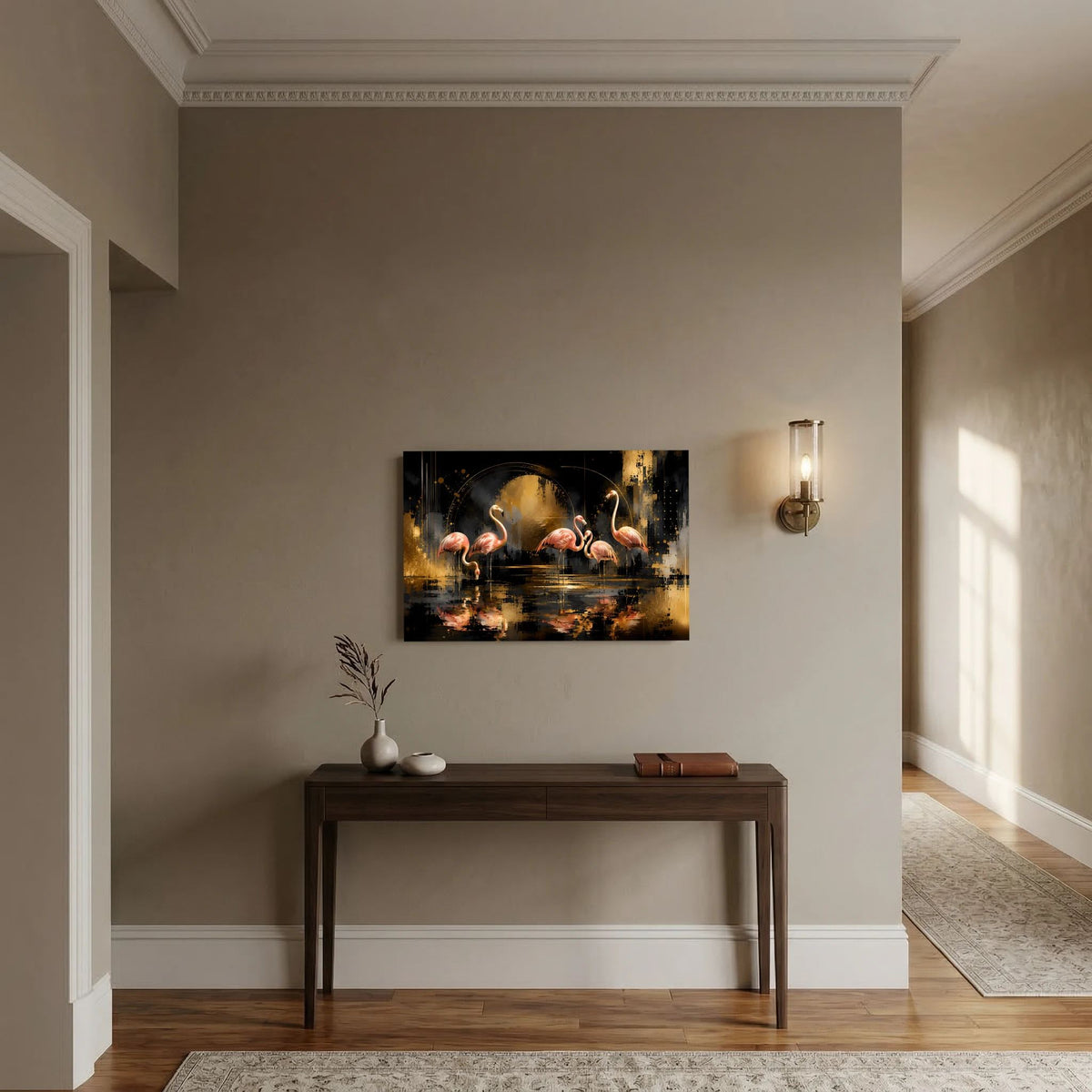 Kunstposter im Querformat mit abstrakten Flamingos in Rosa, Schwarz und Gold