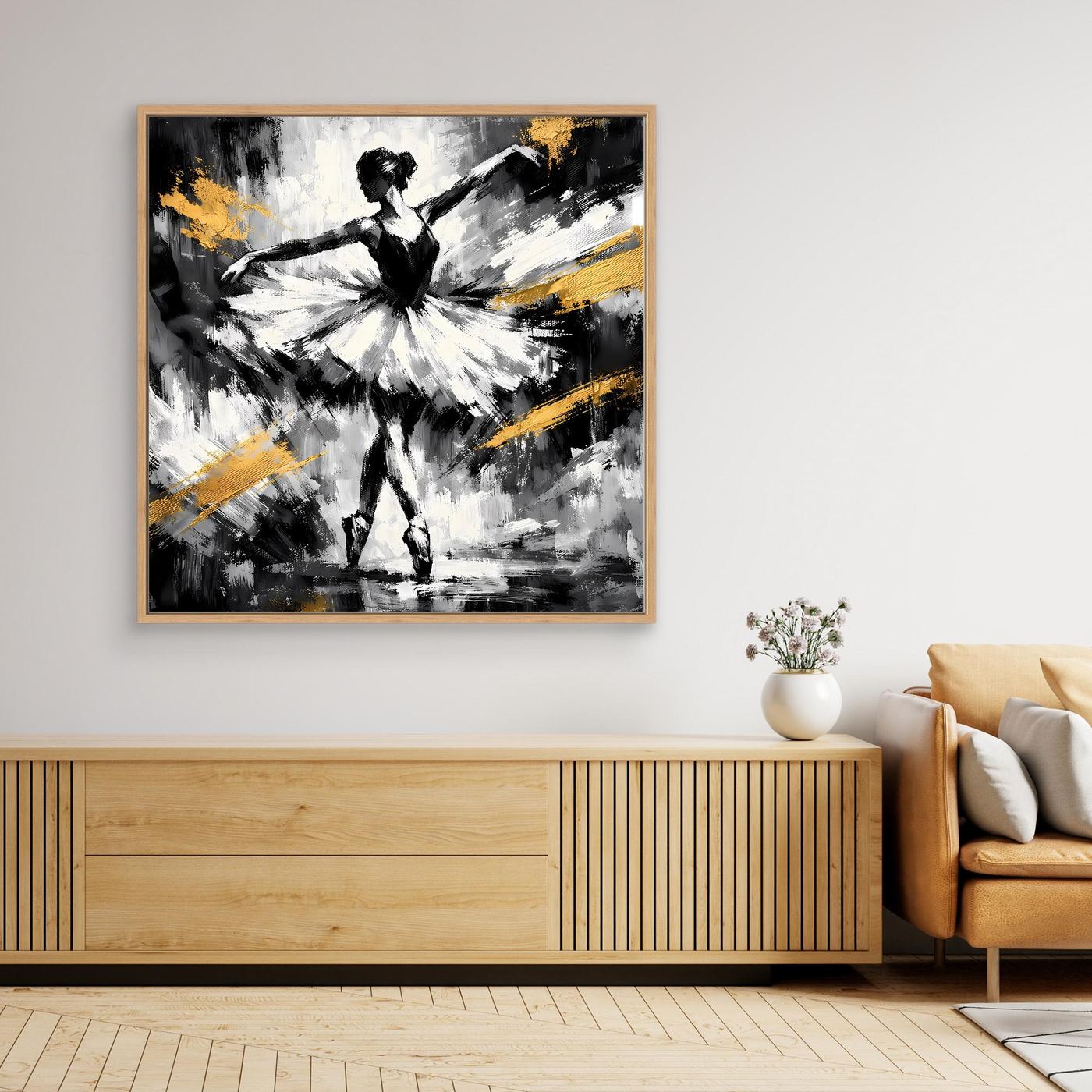 Abstraktes Leinwandbild mit Ballerina in Schwarz-Weiß und goldenen Pinselstrichen, Holzrahmen