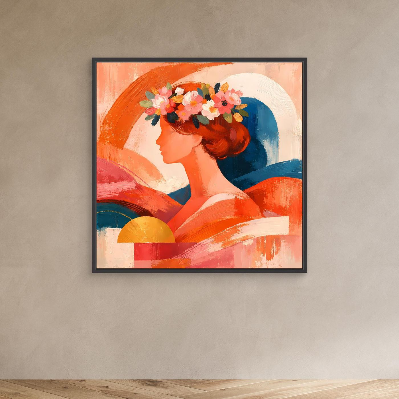 Quadratisches Leinwandbild mit abstraktem Frauenporträt im Profil, Blumen im Haar, Orange/Blau.