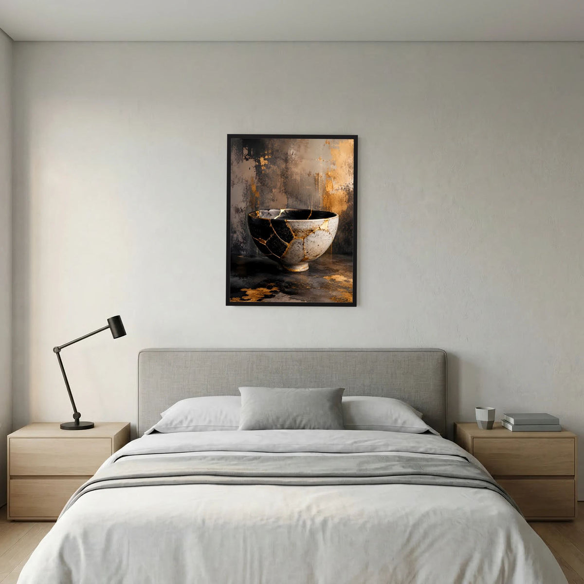 Gerahmtes Hochformat-Poster: Schale mit goldenen Rissen, Schwarz-Weiß und warmen Akzenten