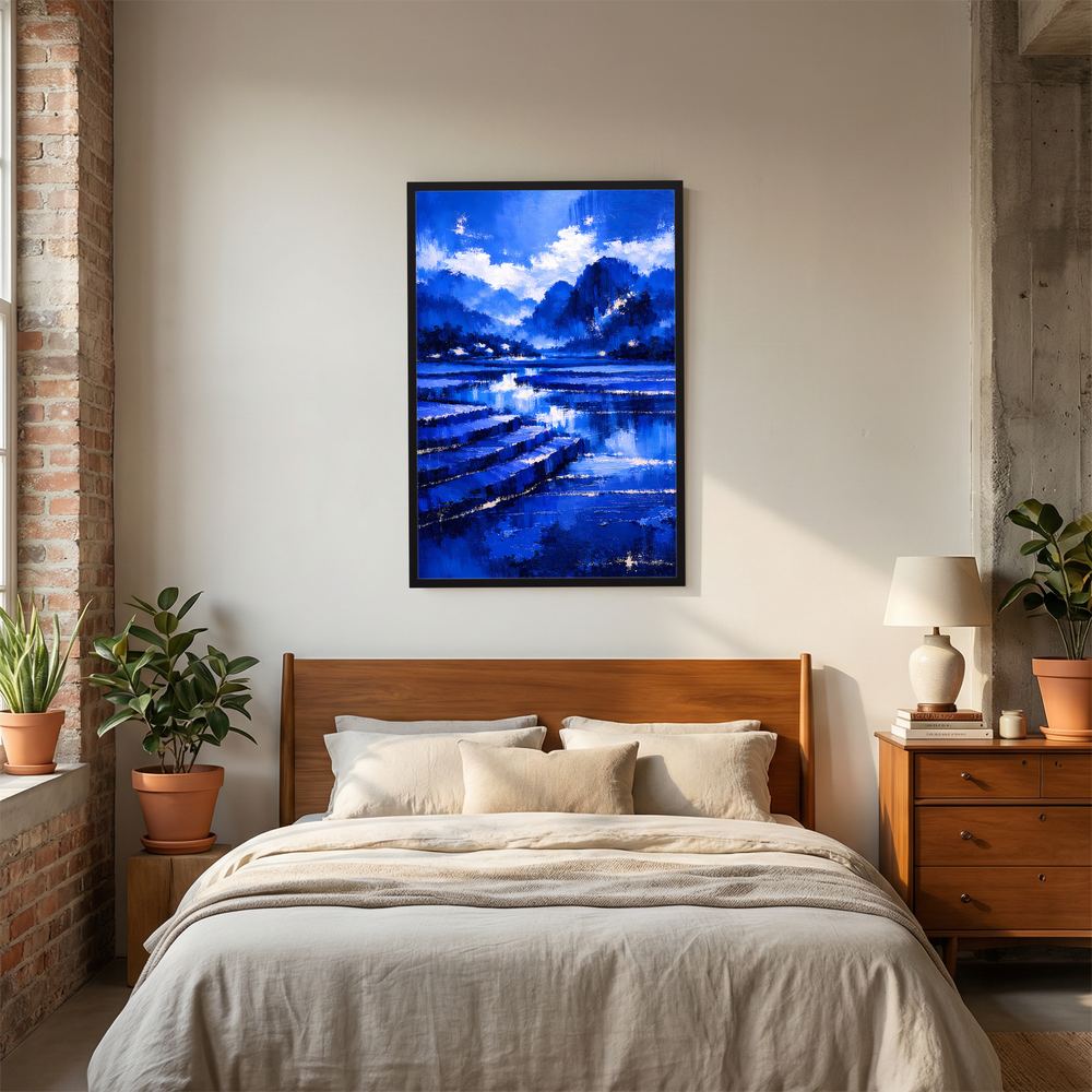 Blaues Landschafts-Poster mit See im Rahmen, schwarzer Rand, Hochformat