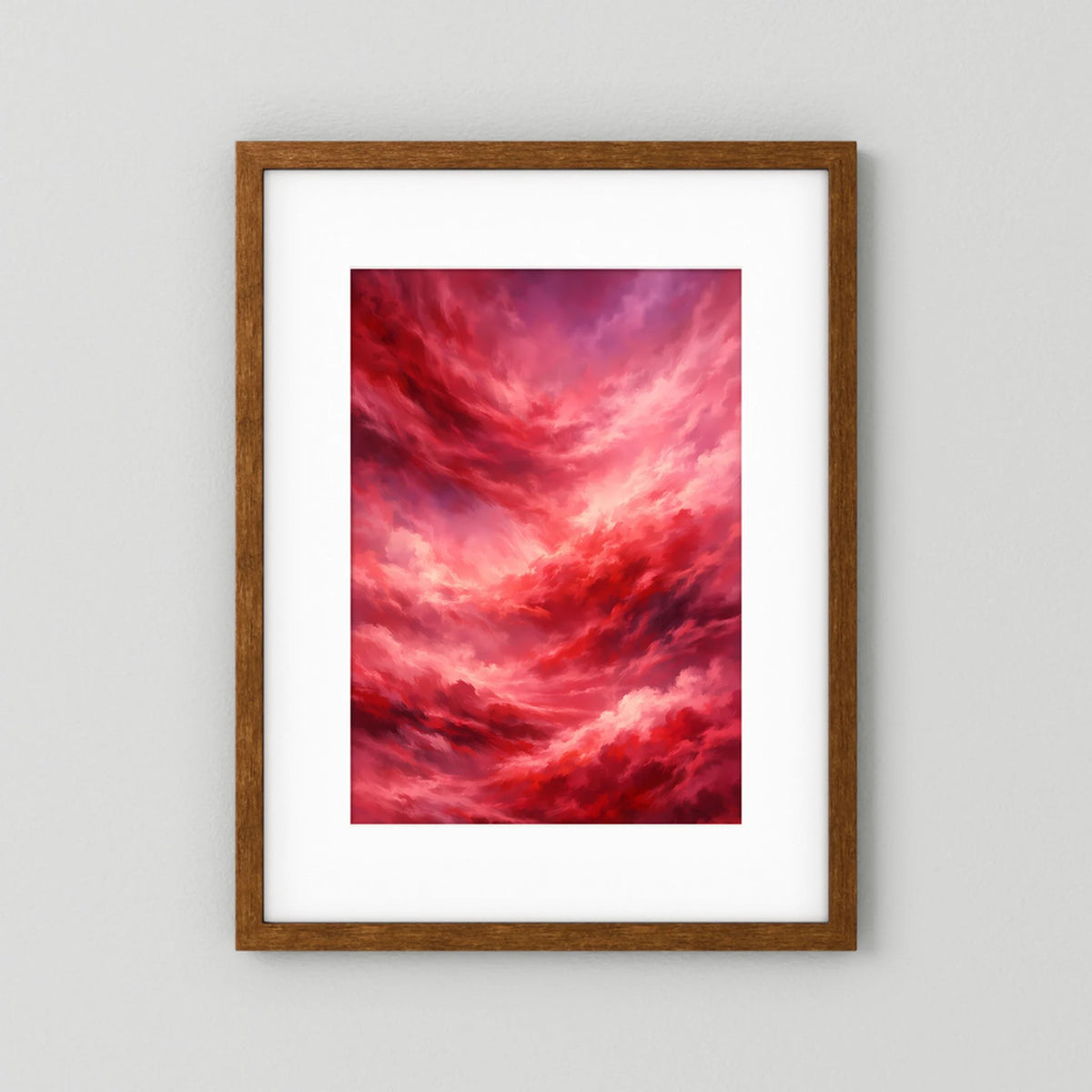 Hochformat-Poster mit rotem Wolkenhimmel, brauner Holzrahmen mit weißem Passepartout.