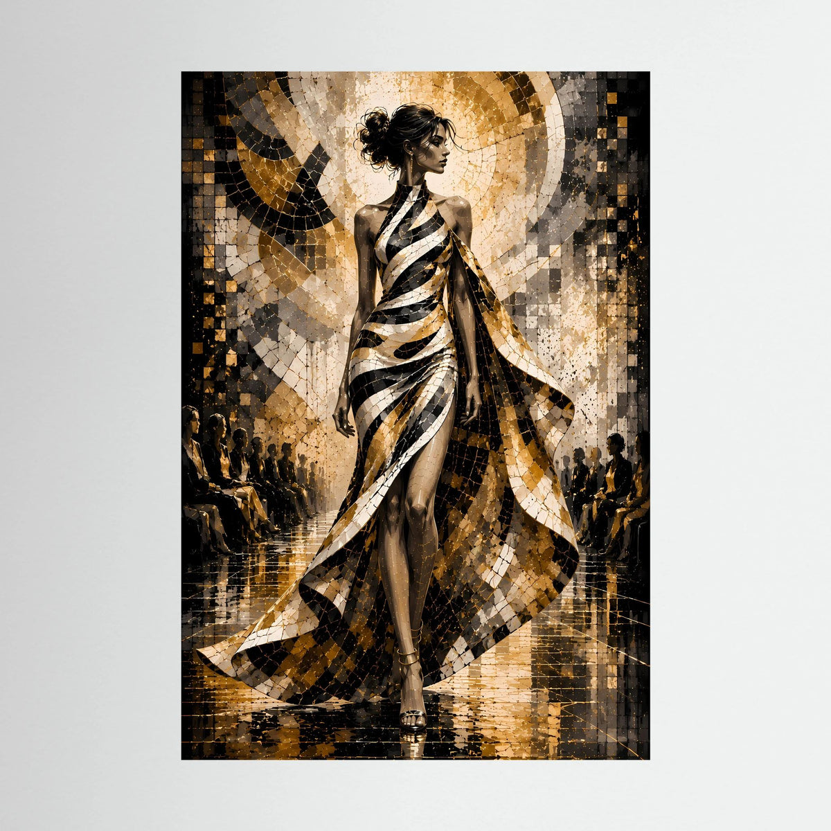 Poster im Hochformat: stilisierte Frau im gestreiften Schwarz-Weiß-Gold-Kleid, Blick seitlich