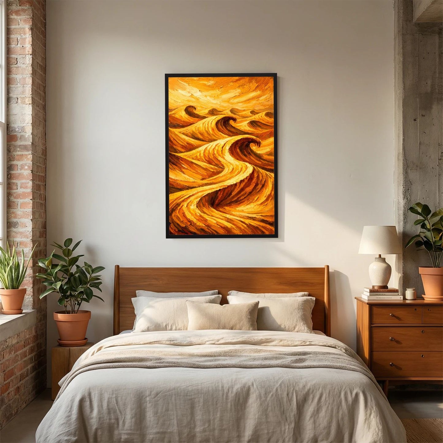 Wandposter mit abstrakten Wellen in Orange und Gold, schwarzer Rahmen, Hochformat