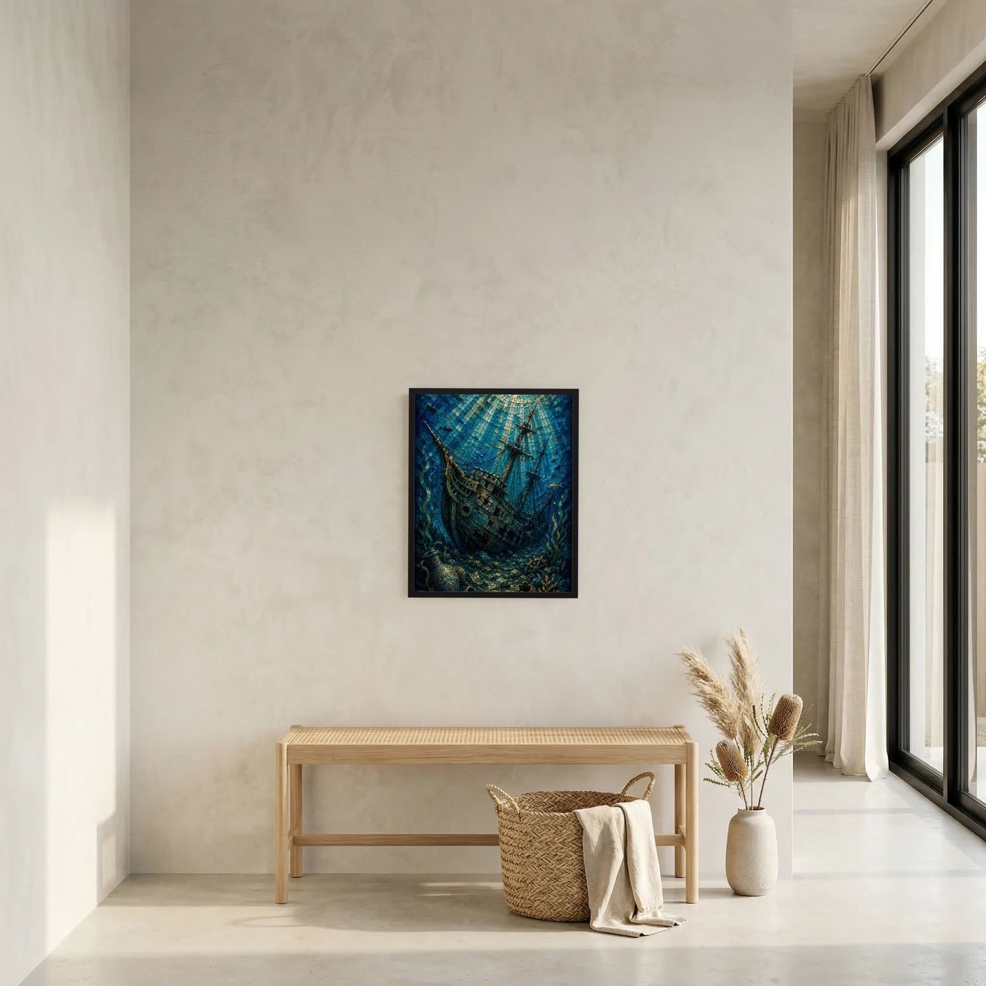 Wandposter mit Mosaik-Segelschiff im Blaugrün, rechteckig, im dunklen Rahmen