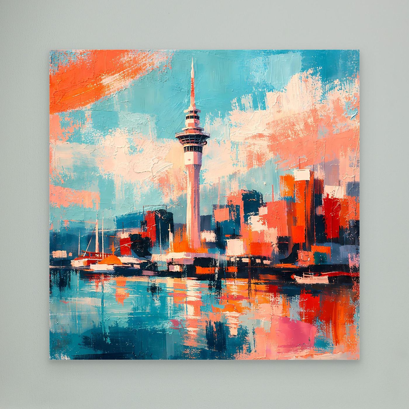 Abstraktes Leinwandbild mit Skyline und Turm, kräftige Blau-, Orange- und Rottöne