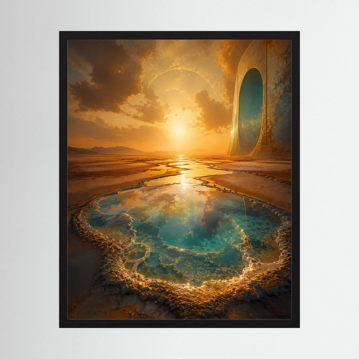 Hochformatiges Poster mit goldenem Portal und türkisfarbenem Quellbecken, schwarz gerahmt