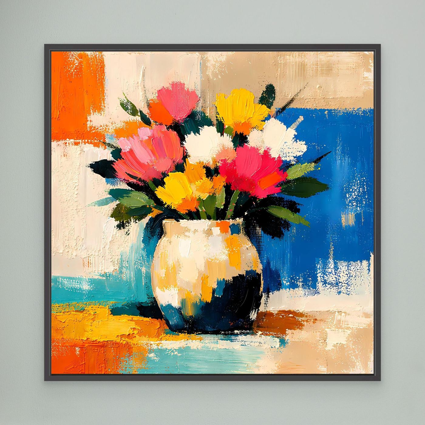 Wall art canvas of colorful bouquet in a vase, with black frame