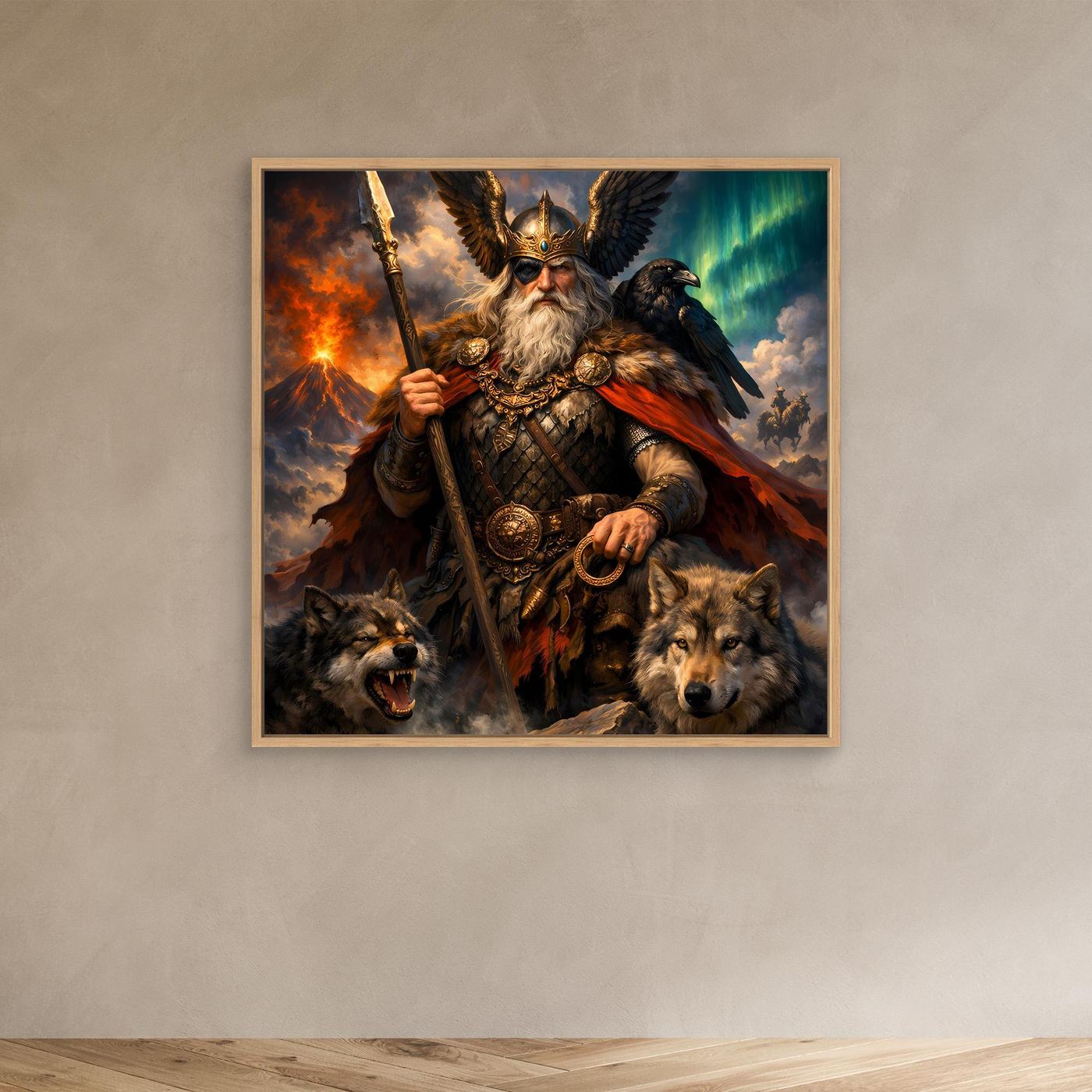 Leinwand Göttervater Odin mit Wölfen und Rabe | Mythologisches Wikinger Wandbild