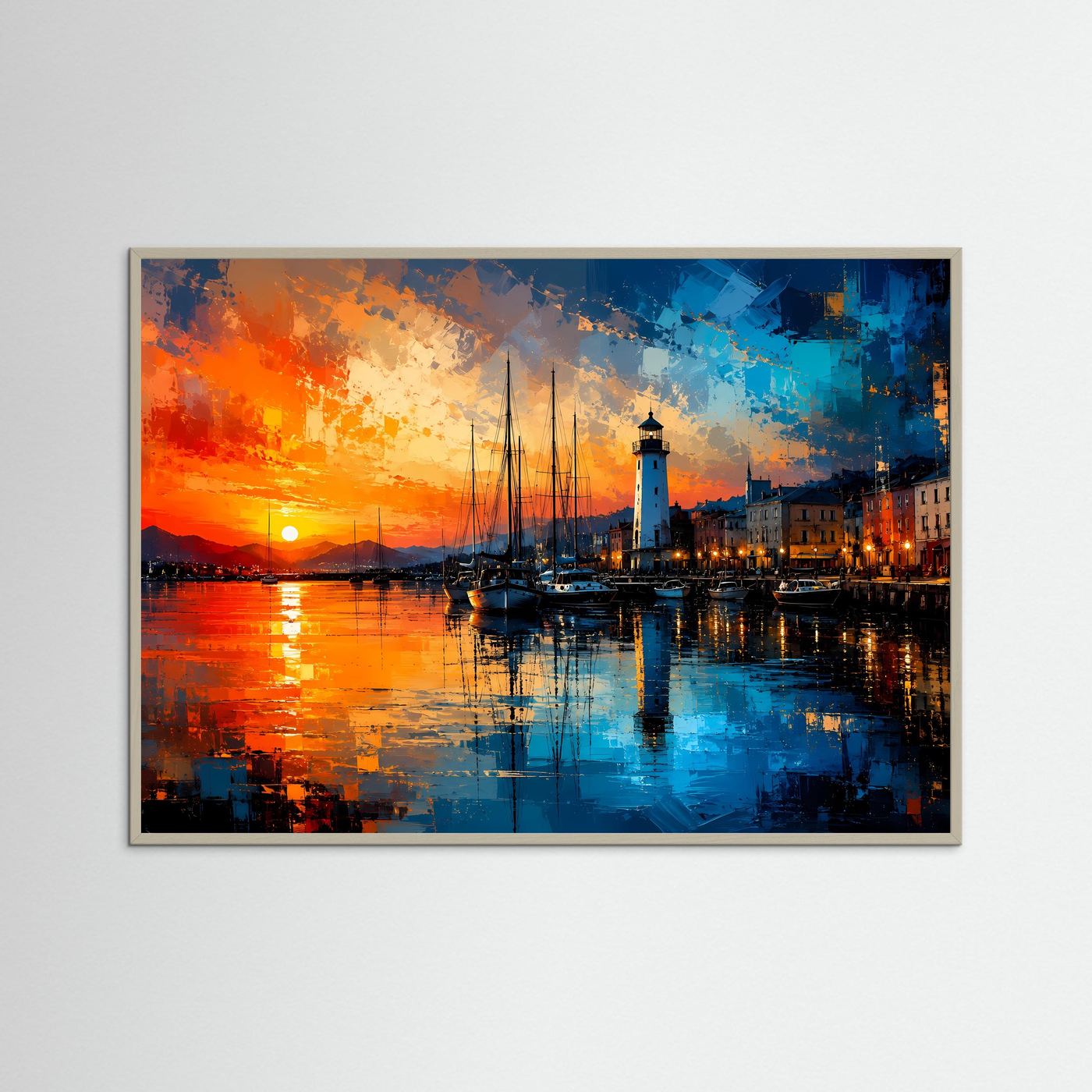 Leuchtturm am Hafen bei Sonnenuntergang | Modernes Küsten & Maritimes Poster Querformat
