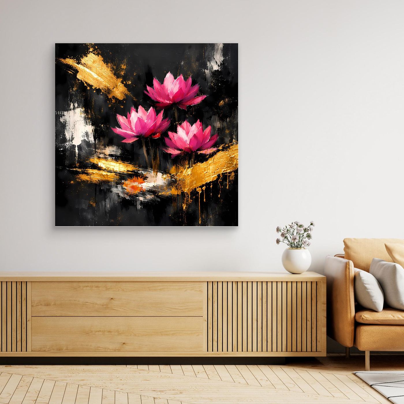 Leinwand Prachtvolle Lotusblüten in Pink und Gold | Modernes Abstraktes Blumen Wandbild