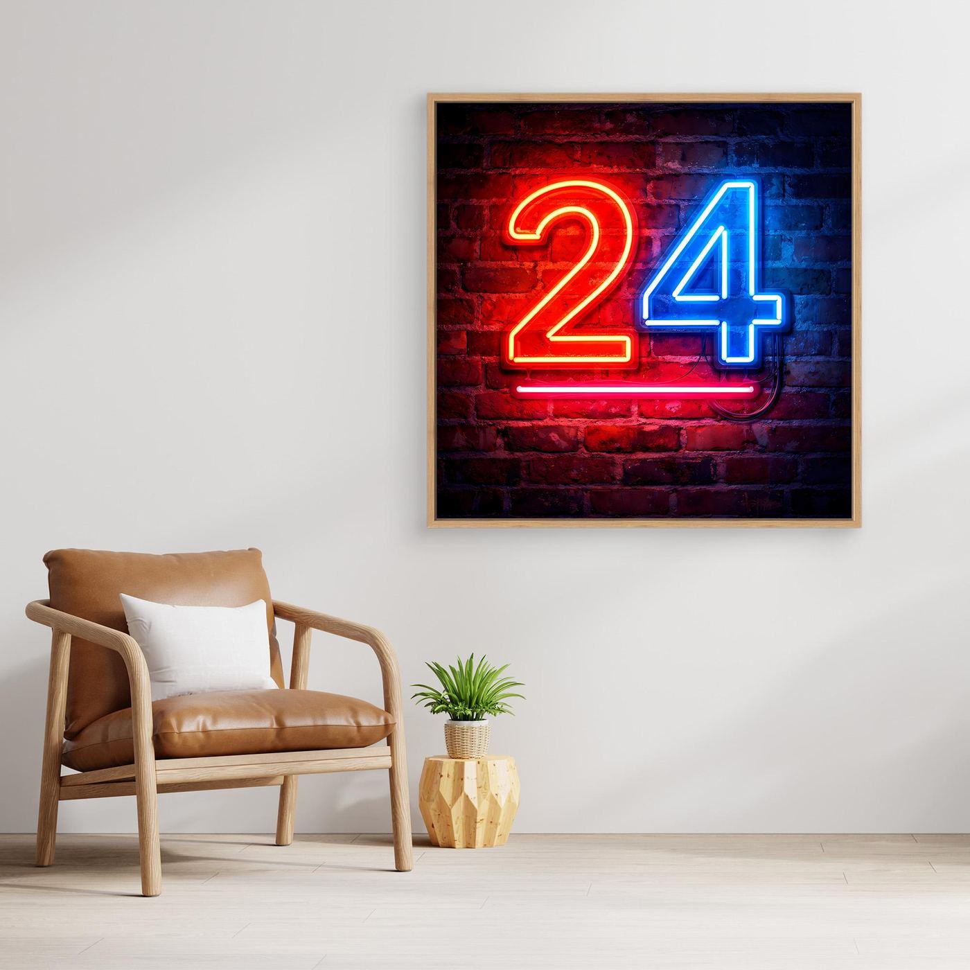 Wandbild mit Neon-Zahl 24 auf Backstein, rechteckig, Rahmen hell