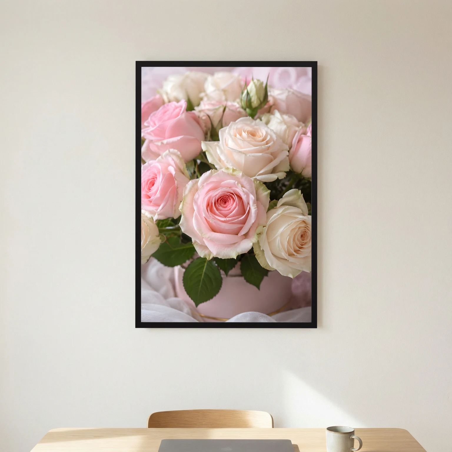 Hochformat-Rosenposter mit rosa und weißen Rosen, schwarzer Bilderrahmen.