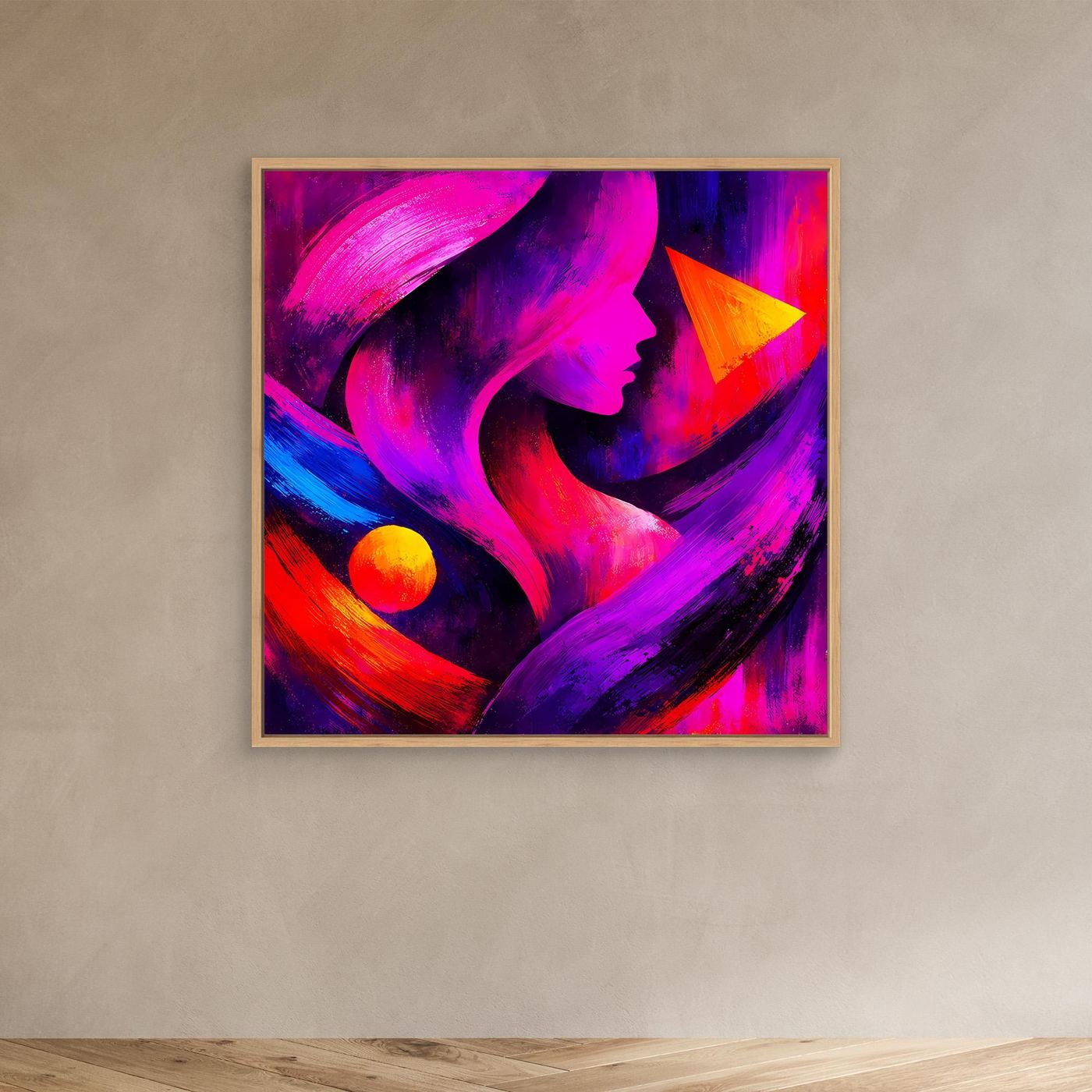 Neon-Pop-Art Leinwandbild: abstrakte Frauensilhouette, Holzrahmen