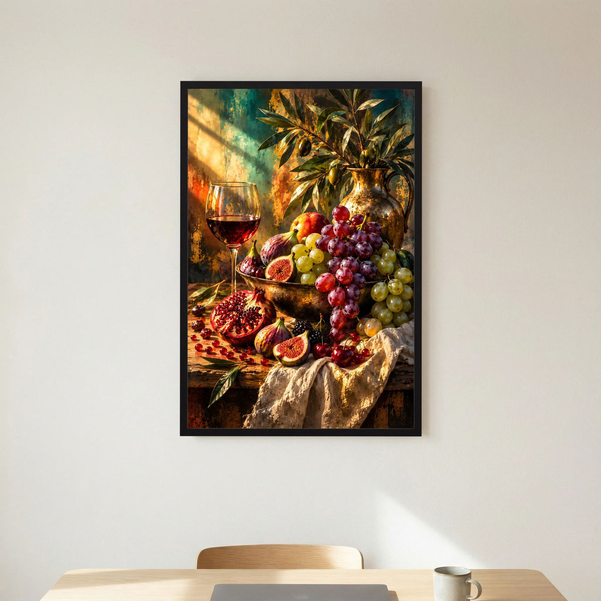 Stillleben-Poster mit Weinglas und Trauben, Feigen & Granatapfel im schwarzen Rahmen