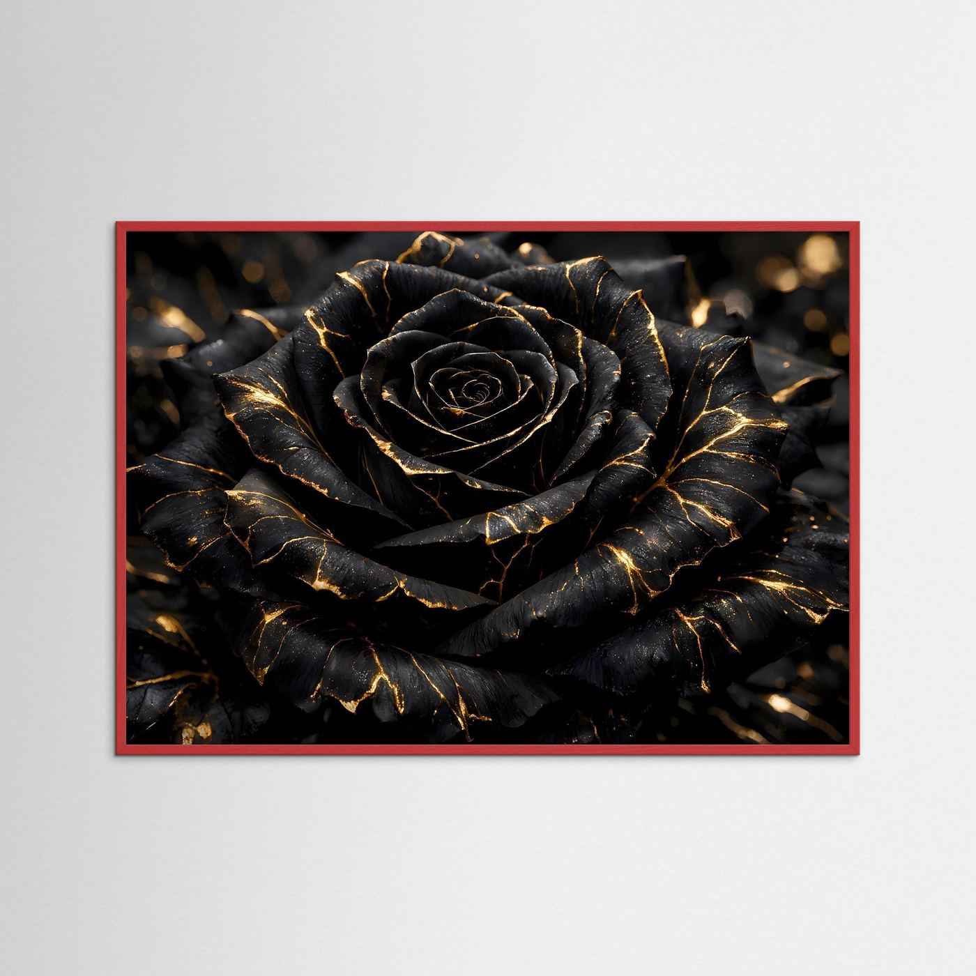 Wandbild mit schwarzer Rose und goldenen Adern im roten Rahmen