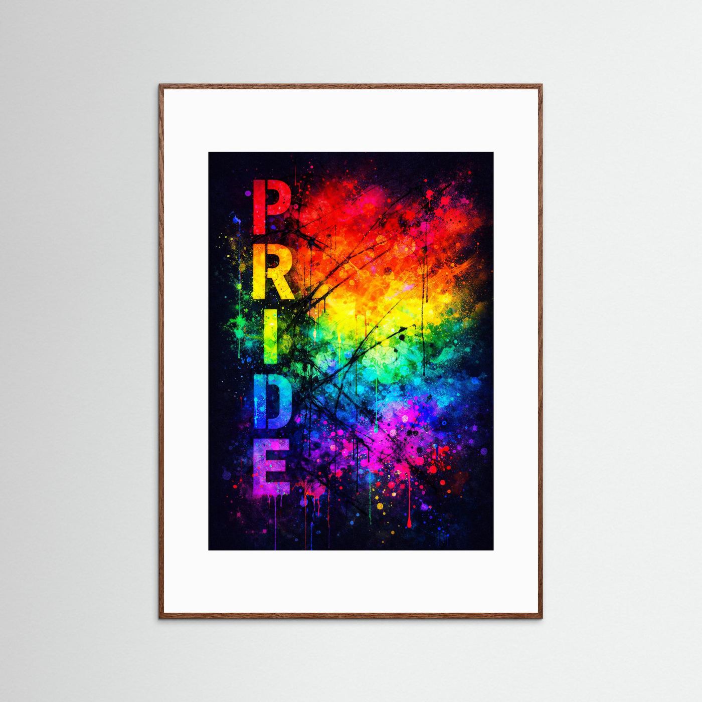 Gerahmtes Pride-Grafitti-Poster mit Sprühfarben und senkrechtem „PRIDE“, dunkle Holzrahmung