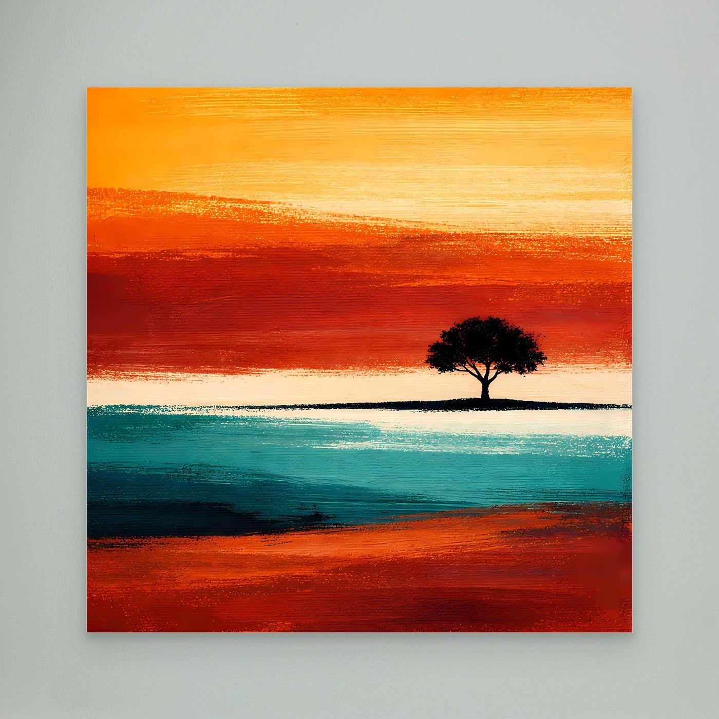 Leinwandbild mit abstraktem Baum am Horizont in Türkis und Orange, ohne Rahmen