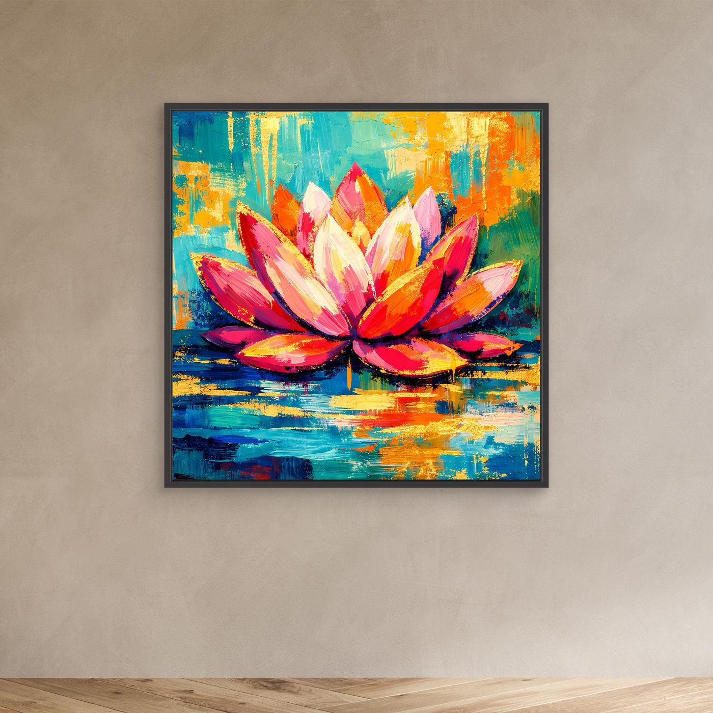 Abstraktes Lotus-Wandbild im schwarzen Rahmen, bunte Blütenblätter auf türkis-gelbem Grund