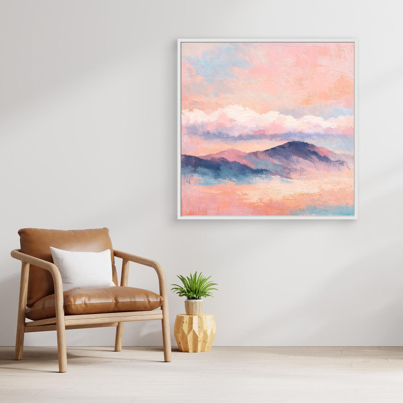 Leinwand-Wandbild mit pastellfarbener Bergkette und wolkigem Himmel, mit weißem Rahmen