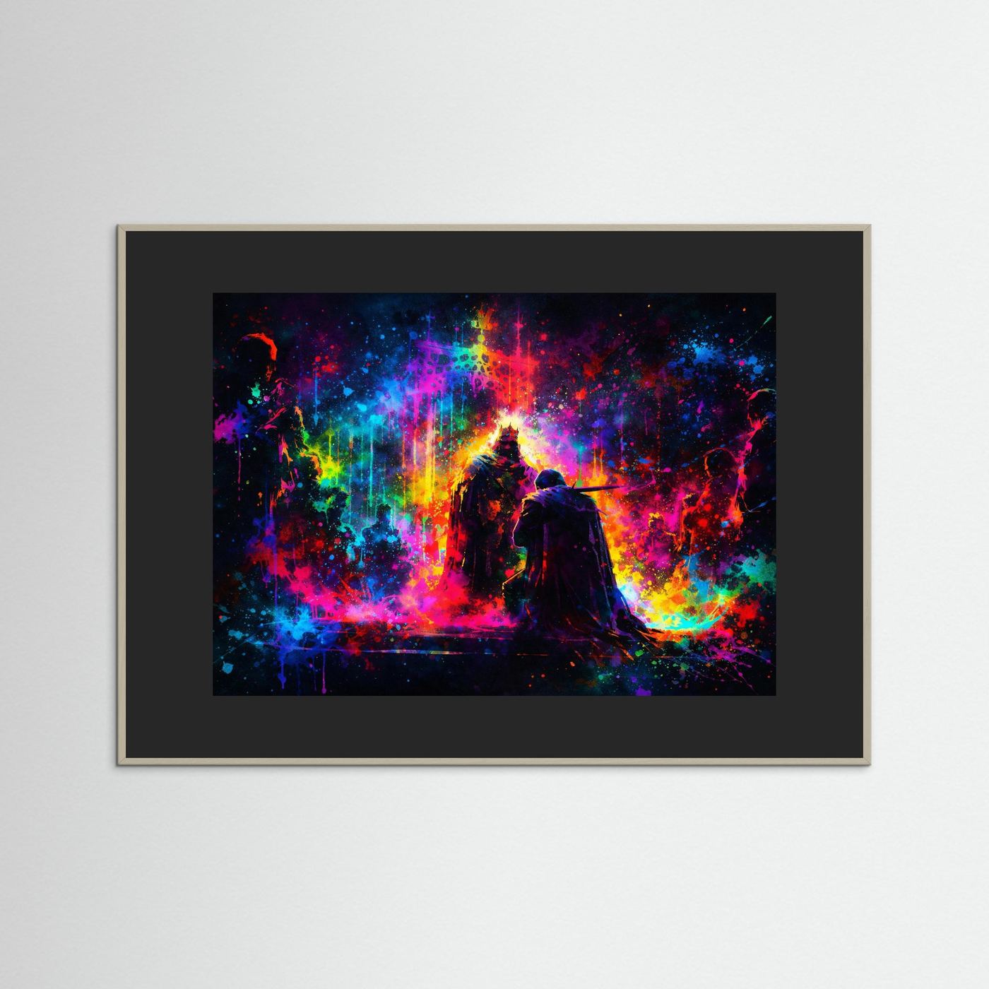 Wandbild mit buntem Fantasy-Motiv: Königskrone und Silhouette mit Umhang, goldener Rahmen