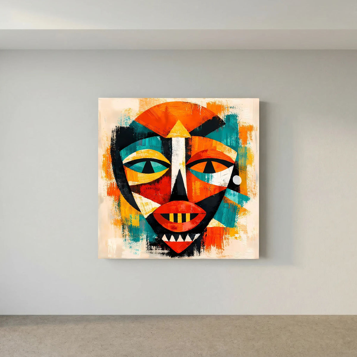 Leinwandbild mit afrikanischer Maske in kubistischem Stil, orange, türkis und schwarze Elemente
