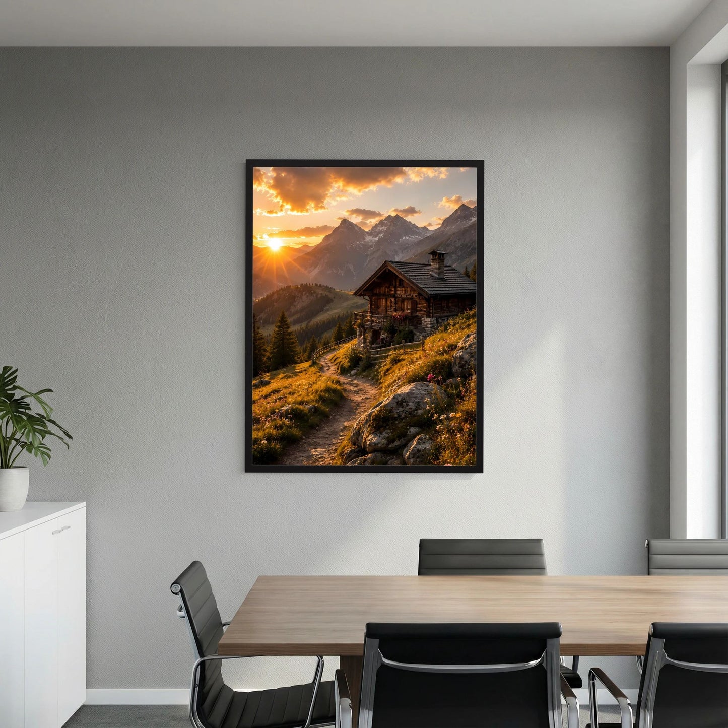 Poster mit Berghütte und goldenem Sonnenuntergang über Bergpfad, schwarzer Rahmen