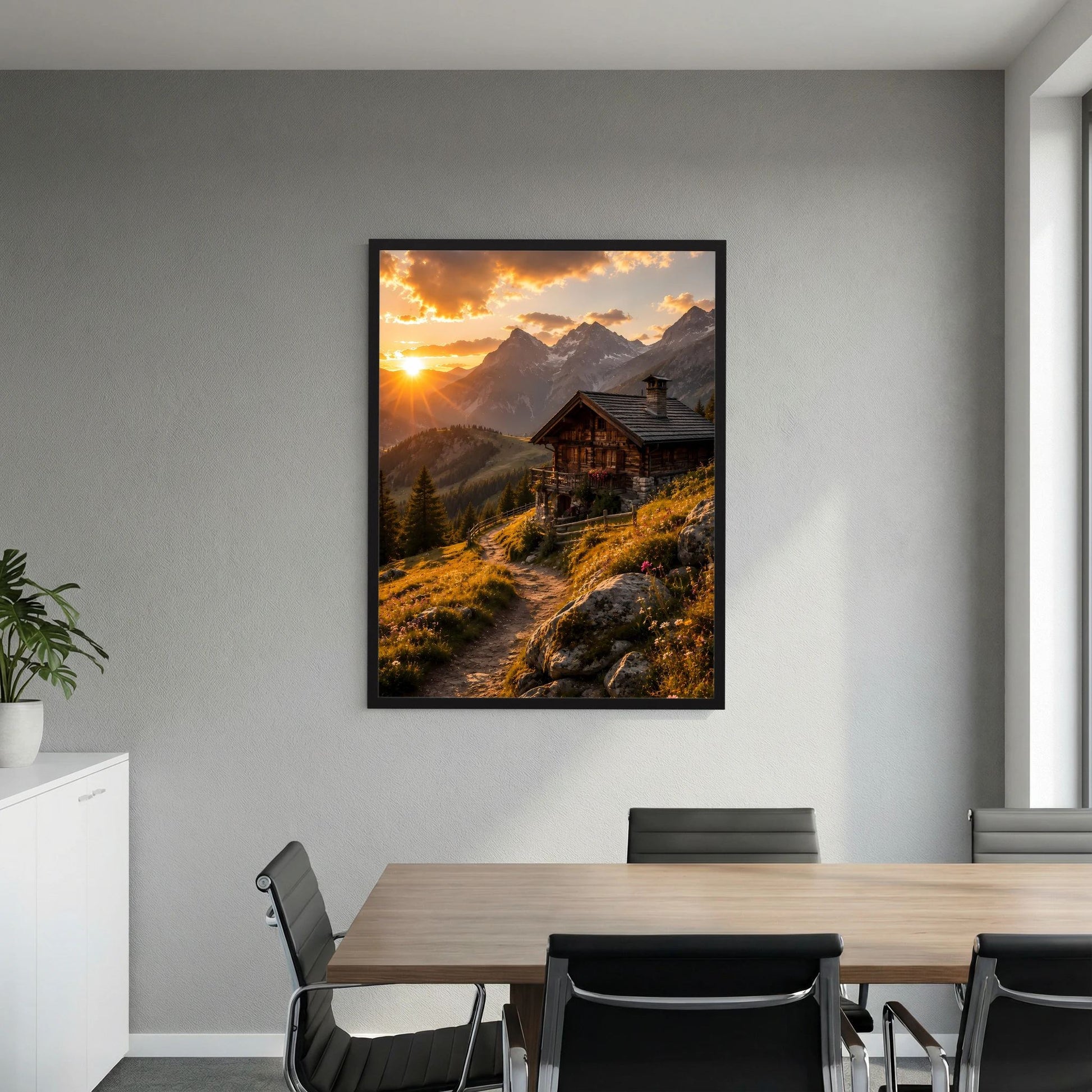 Poster mit Berghütte und goldenem Sonnenuntergang über Bergpfad, schwarzer Rahmen