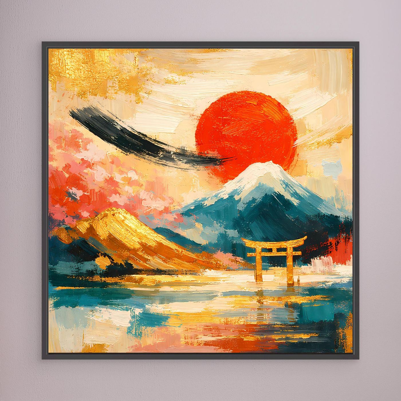Gerahmtes Leinwandbild: Torii-Tor vor Fuji, roter Sonnenkreis, anthrazitfarbener Rahmen