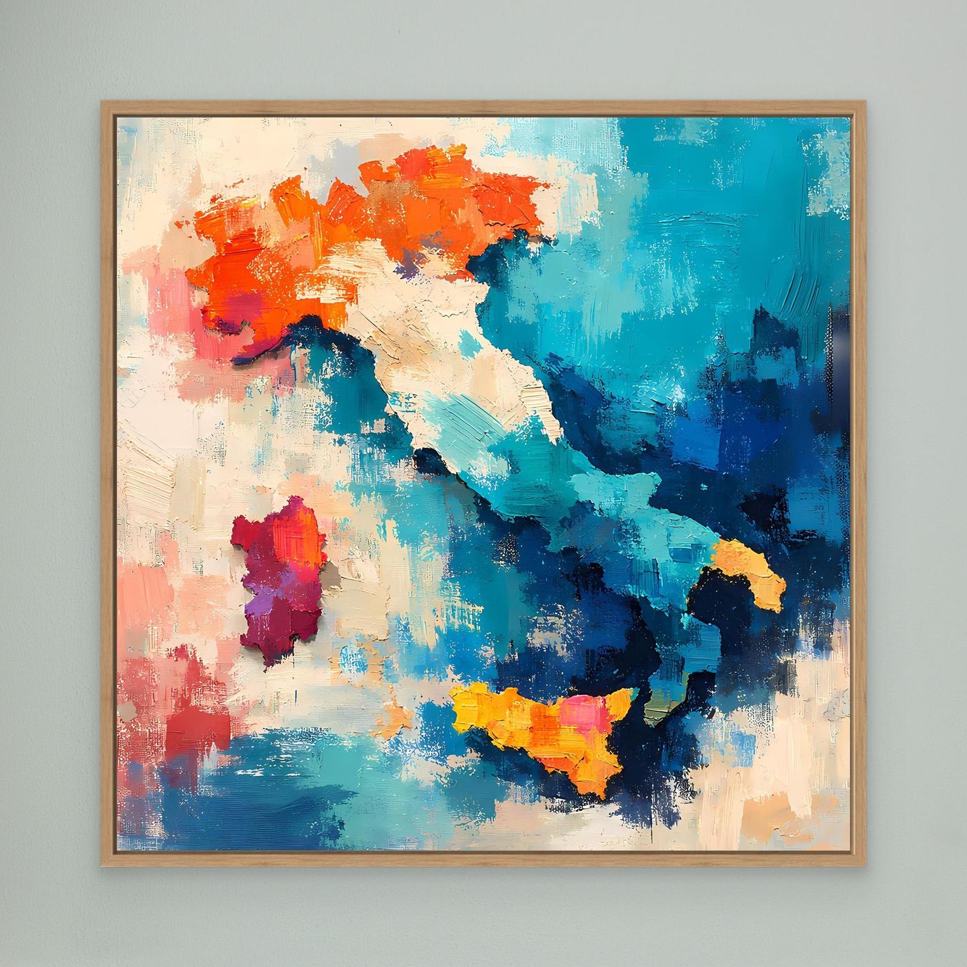 Abstract Italy map wall canvas with blue, red, and orange splashes in oak frame