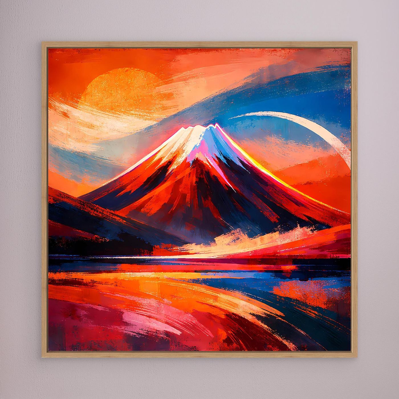 Gerahmtes Wandbild: abstrakter Berg im Sonnenuntergang, Rot-Blau, holzfarbener Rahmen