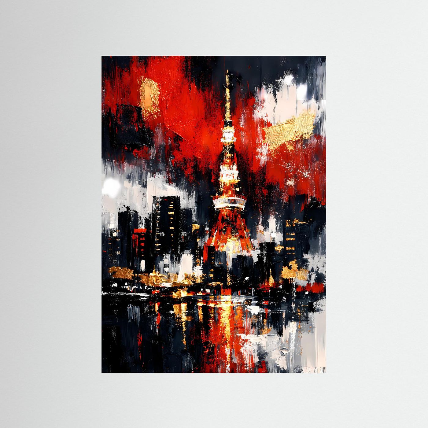 Abstraktes Skyline-Poster mit rotem und goldenem Turm, schwarzer Stadt und Spiegelung im Wasser