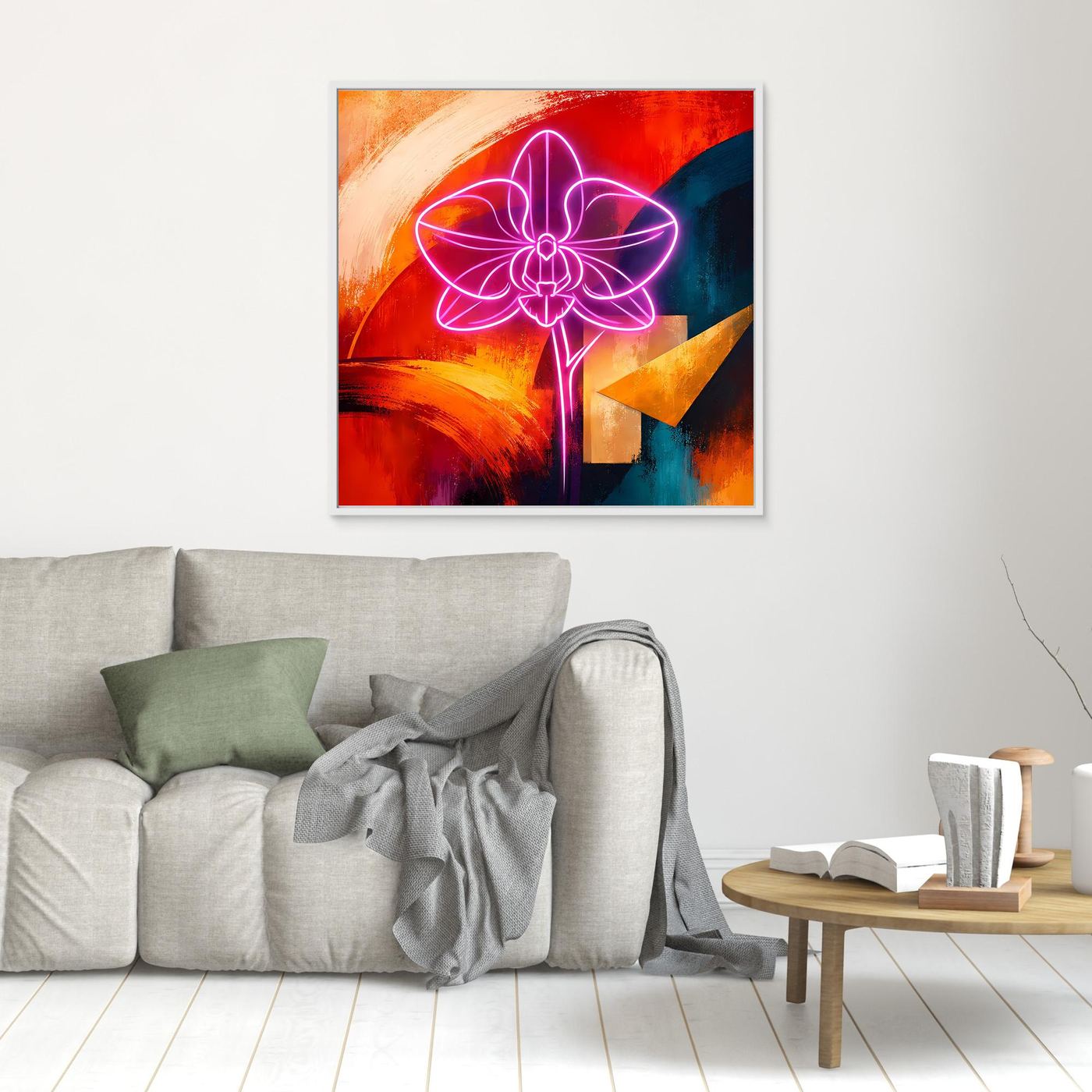 Quadratisches Leinwandbild: leuchtende Orchidee als Neonlinie auf abstraktem Farbgrund, Holzrahmen