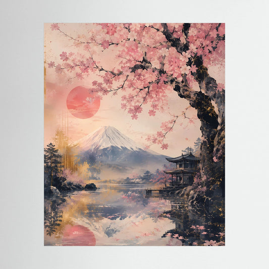 Ungeahmtes Poster mit Kirschblüten, Fuji-Berg und Landschaft in Rosa und Gold.