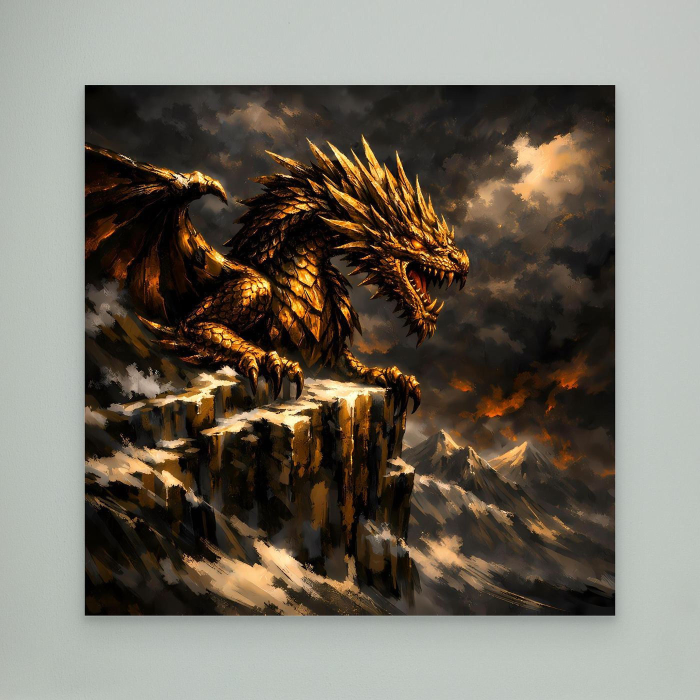 Leinwand Goldener Drache auf Felsgipfel | Episches Fantasy-Wandbild auf Keilrahmen