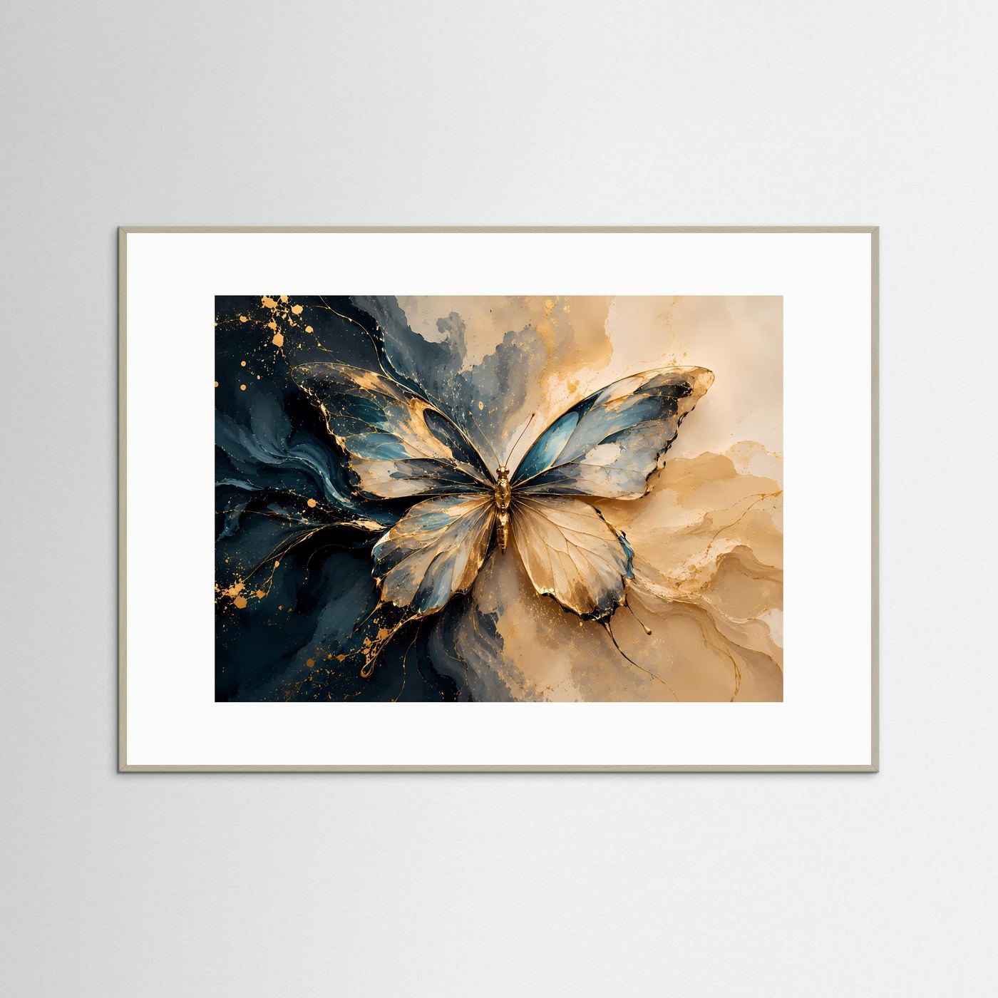 Eleganter Schmetterling in Blau & Gold | Abstrakte Kunst in Creme & Petrol