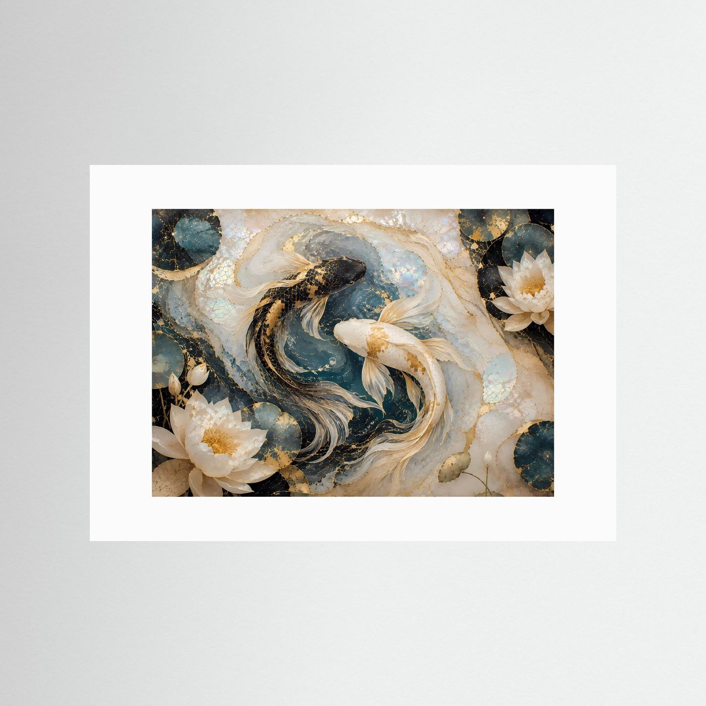 Querformatiges Poster mit weißem Passepartout: Koi-Fische und Lotusblüten in Blau, Gold, Perlmutt