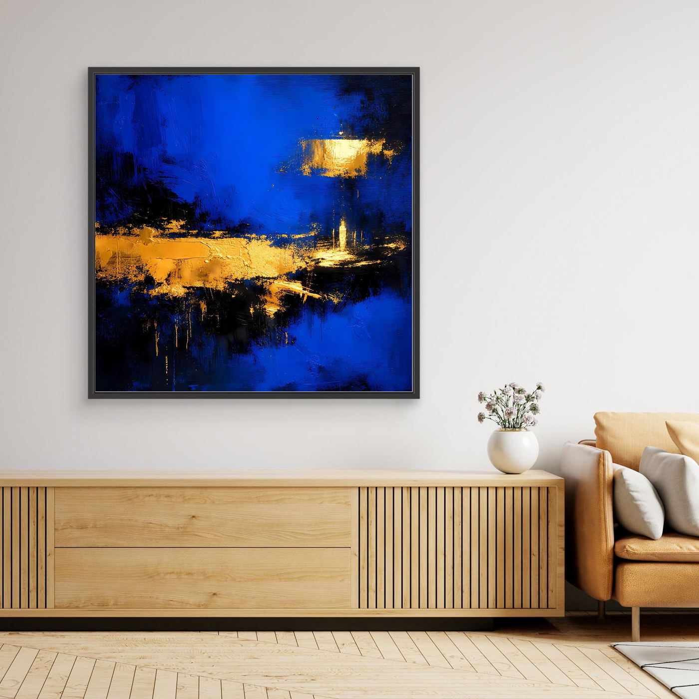 Leinwand Abstrakte Meereslandschaft bei Nacht | Modernes Küsten Wandbild in Blau und Gold