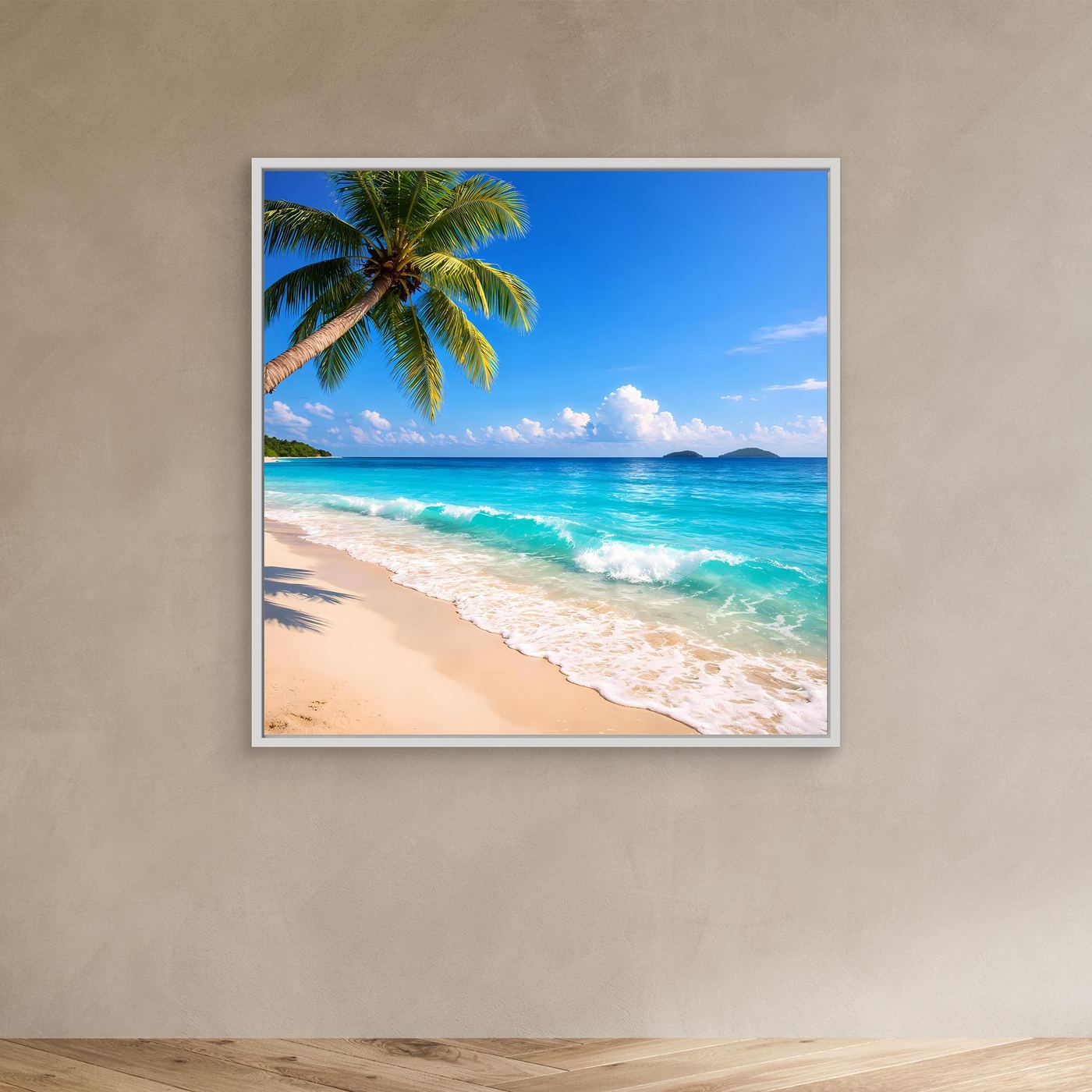 Leinwandbild tropischer Strand mit Palme, türkisfarbenes Wasser, hellgrau gerahmt